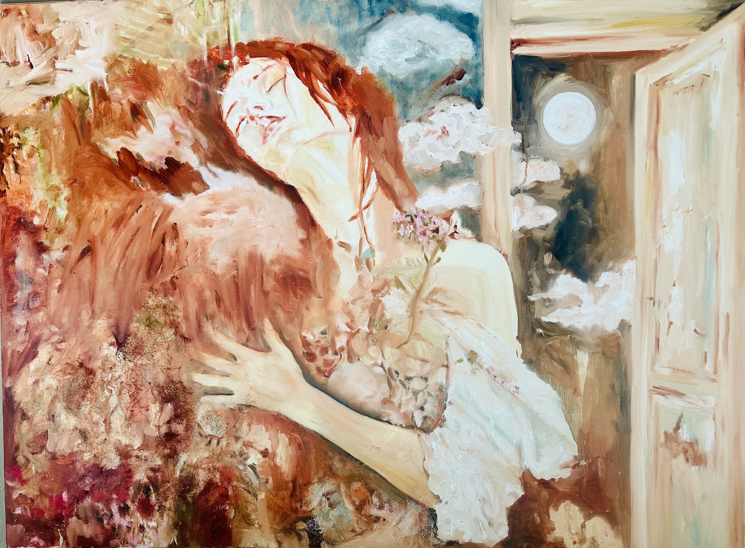 The Ground Passes Through Her, 2026 — oil on canvas by Hadis Bahrami, 35 × 46 in, from the series Between Home and Horizon.